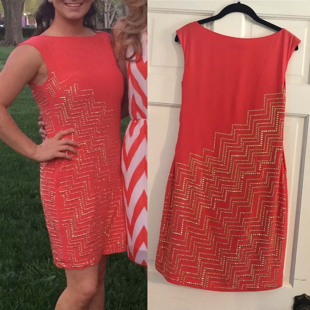 Trina Turk Size 2 Coral Dress with Gold Studs